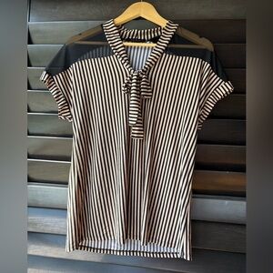 Atelier 29 Women’s Large Short Sleeve Top Stripe Black Tan Mesh Necktie